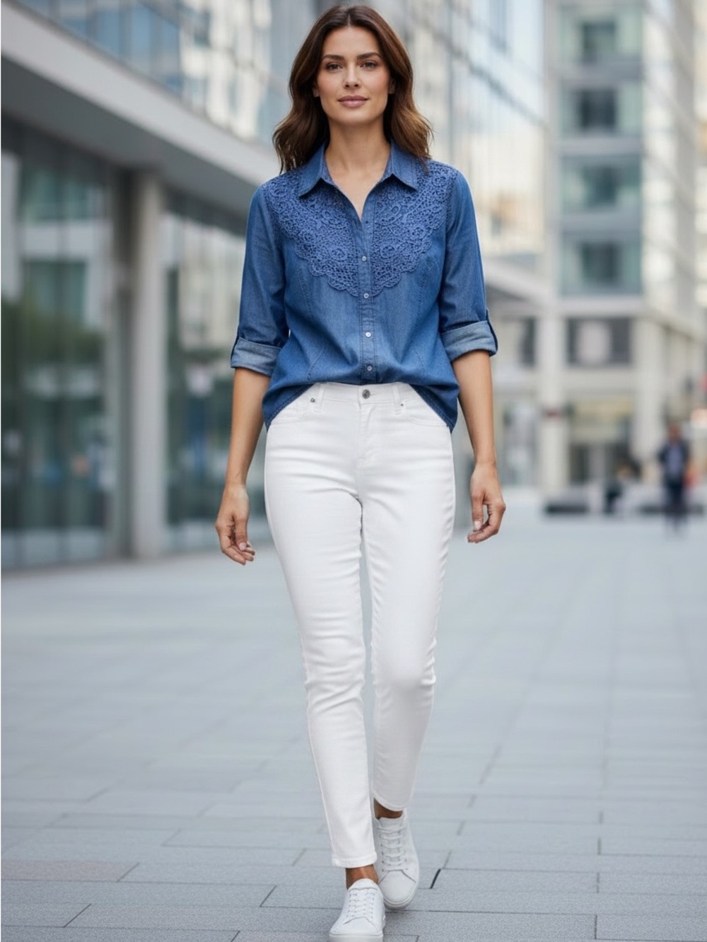 Cavalini Crochet Lace Denim Button Up Shirt Womens Sz S Blue Country Cowgirl NEW